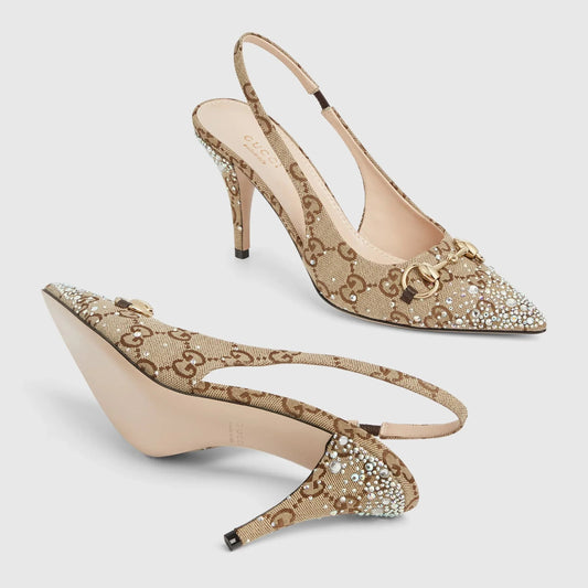Horsebit Canvas Backstrap Heels - Faizah Outlet