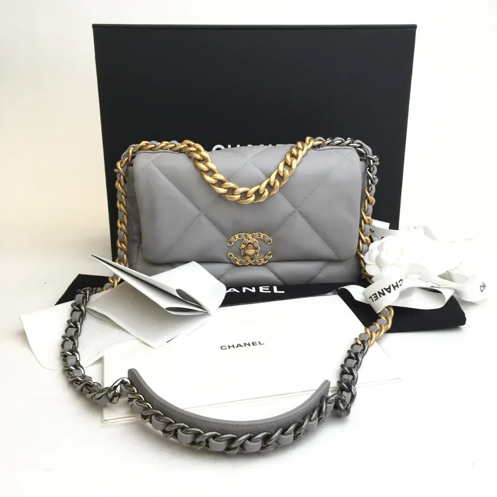 Medium Grey Lambskin 19 Flap Bag - Faizah Outlet