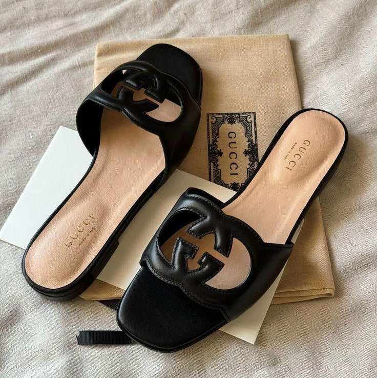 Stylish Cut-Out Leather Slide Sandals - Faizah Outlet