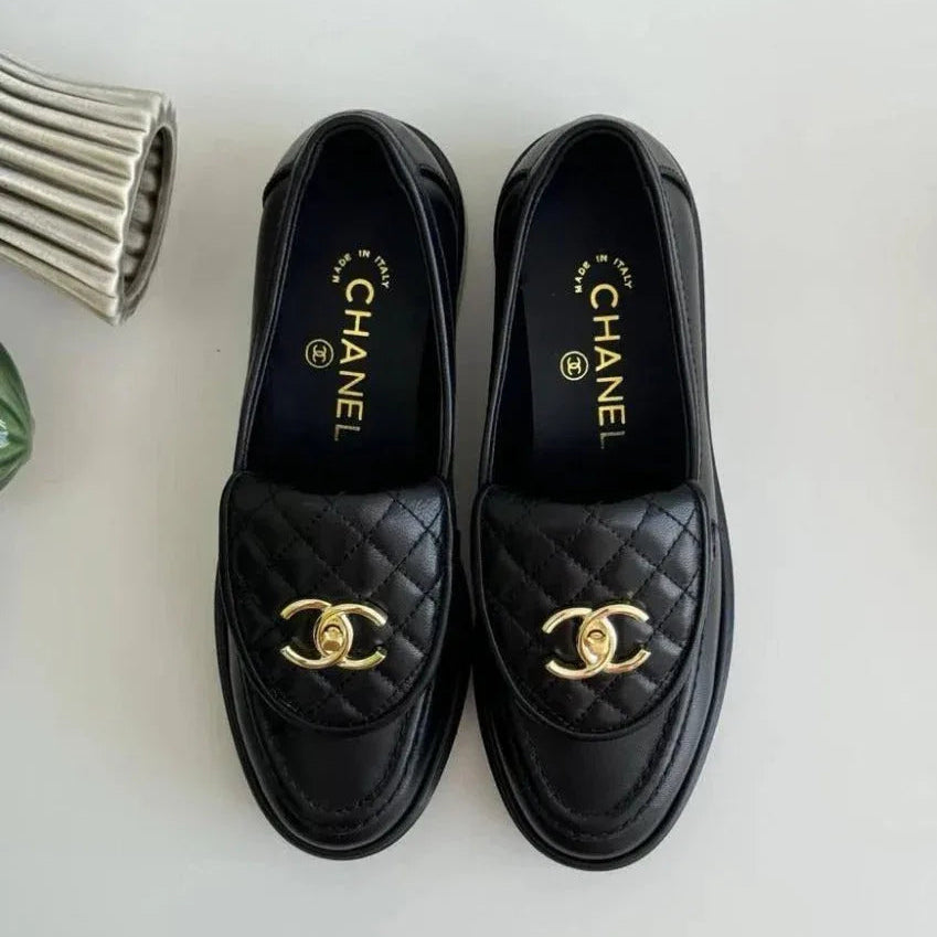 Black Leather Loafers with Gold-Tone Detail - Faizah Outlet