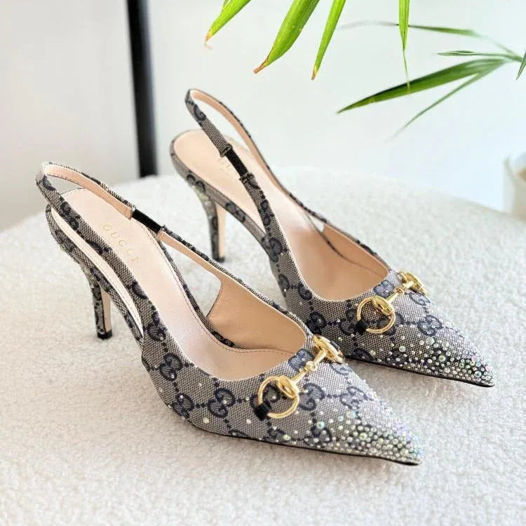 Horsebit Canvas Backstrap Heels - Faizah Outlet