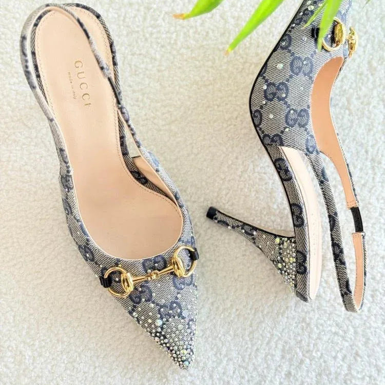 Horsebit Canvas Backstrap Heels - Faizah Outlet