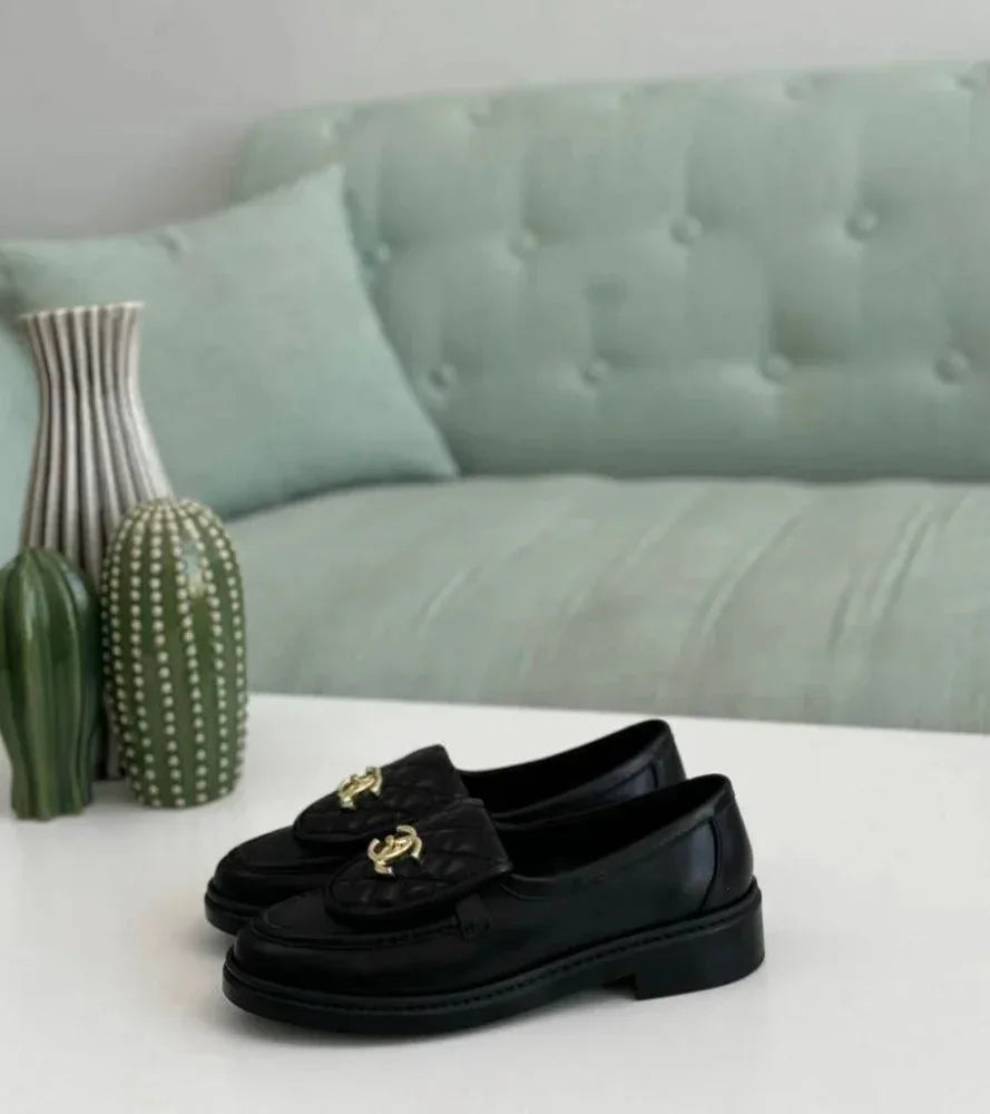 Black Leather Loafers with Gold-Tone Detail - Faizah Outlet