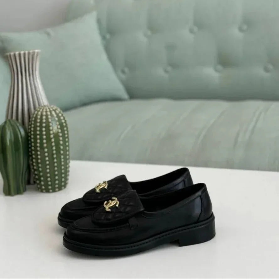 Black Leather Loafers with Gold-Tone Detail - Faizah Outlet